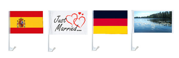 Autofahne, Autoflagge, Deutschland, Autofahne Hochzeit, Just married, weiß, Wunschmotiv, bedrucken, Just married